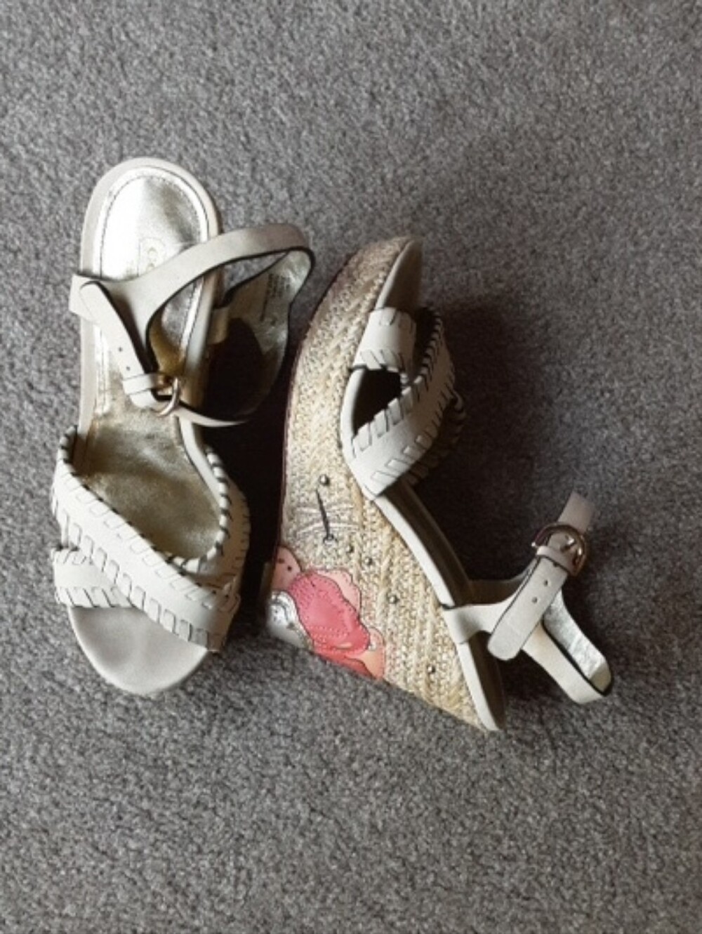 Coach Beige Woven Wedge Sandals with Pink Floral Accent
